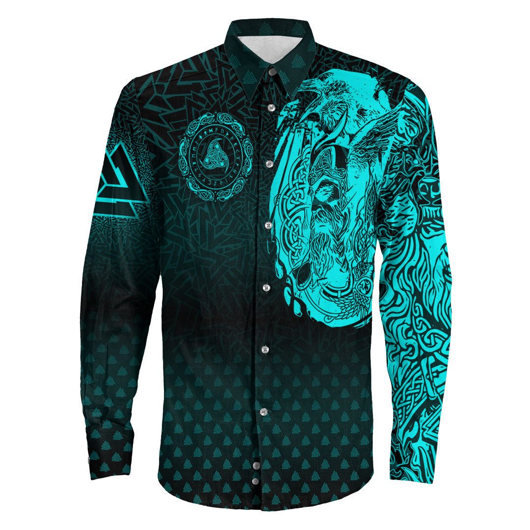 Viking Clothing Viking Odin Raven Tattoo Style Cyan Version Long Sleeve Button Shirt RLT12 - Wonder Print Shop