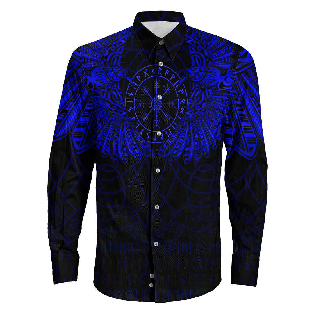 Viking Clothing Viking Odin's Celtic Two Ravens Blue Version Long Sleeve Button Shirt RLT12 - Wonder Print Shop