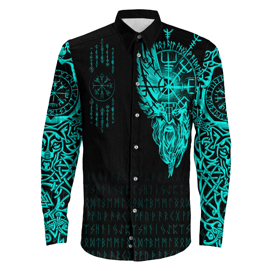 Viking Clothing Viking Compass Vegvisir Tattoo Cyan Version Long Sleeve Button Shirt RLT12 - Wonder Print Shop