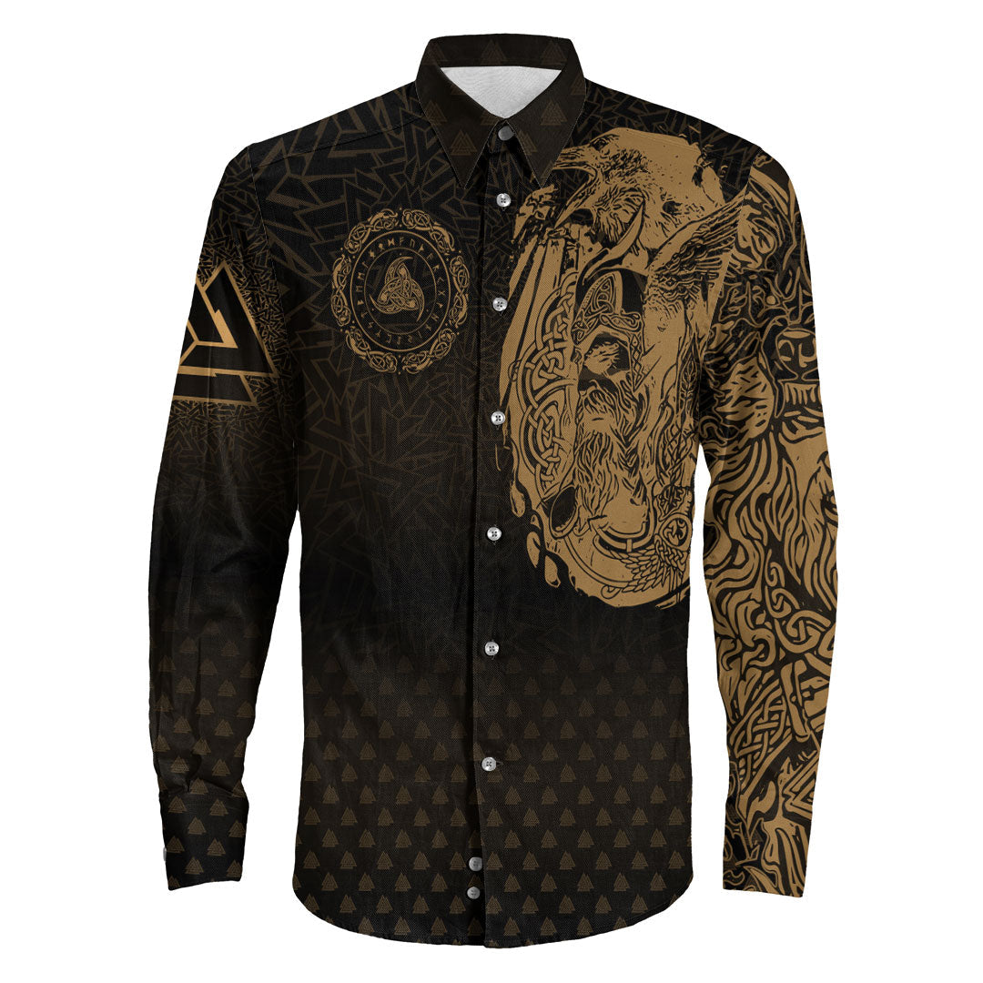 Viking Clothing Viking Odin Raven Tattoo Style Gold Version Long Sleeve Button Shirt RLT12 - Wonder Print Shop