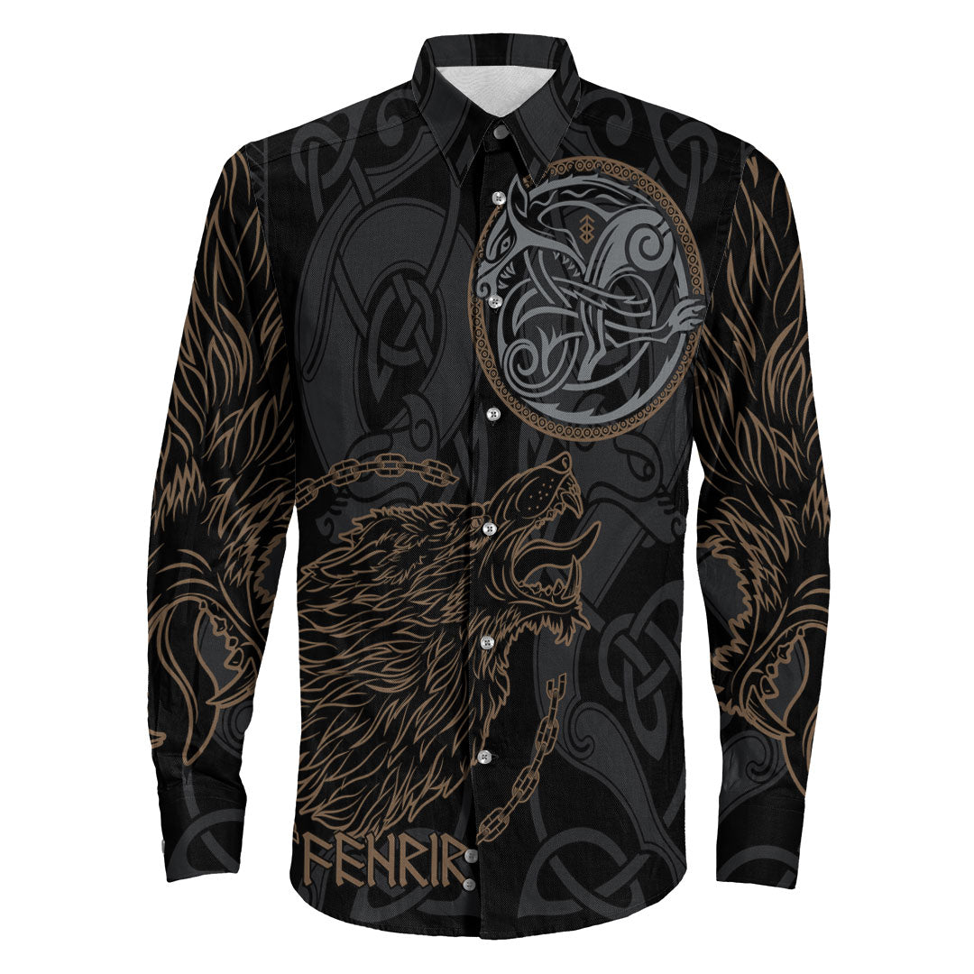 Viking Clothing Viking Fenrir Norse Wolf Long Sleeve Button Shirt RLT12 - Wonder Print Shop