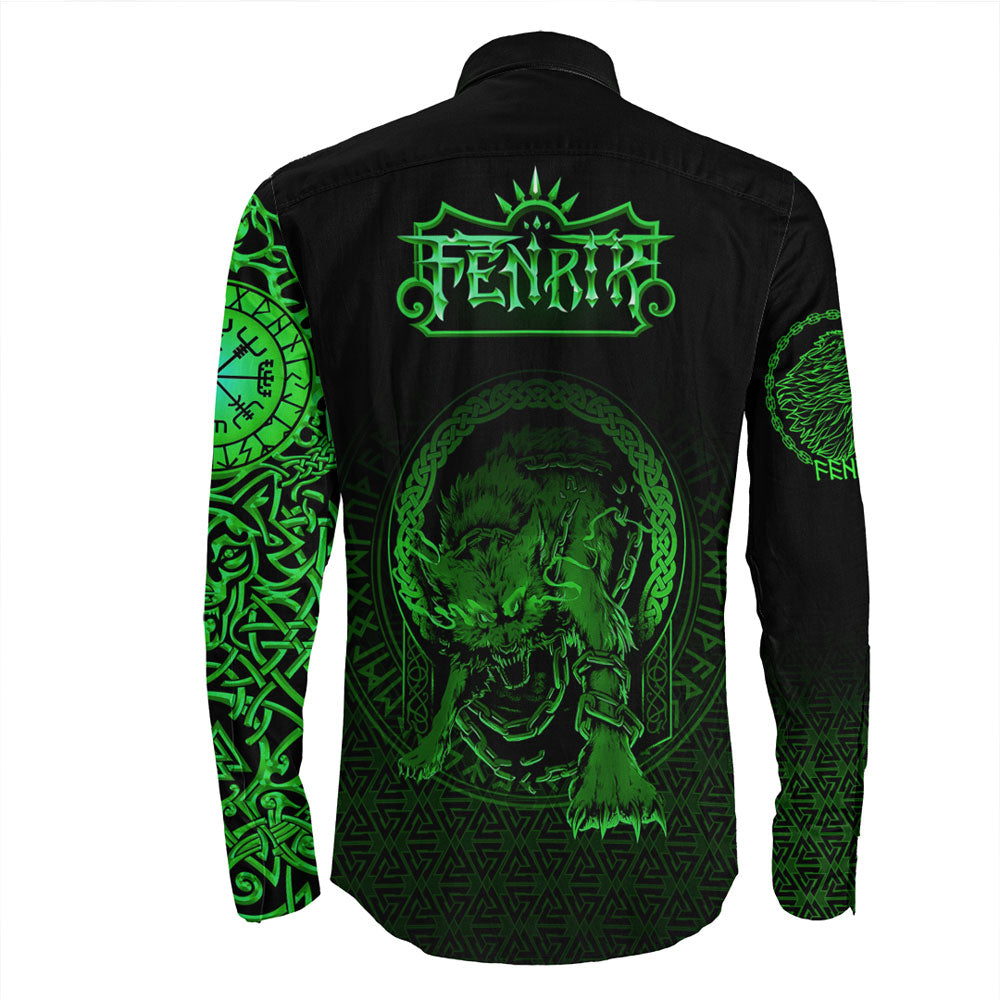 Viking Clothing Viking Fenrir Norse 3D Green Long Sleeve Button Shirt RLT12 - Wonder Print Shop