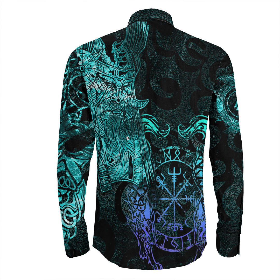 Viking Clothing Viking Odin Tattoo Cyan Version Long Sleeve Button Shirt RLT12 - Wonder Print Shop