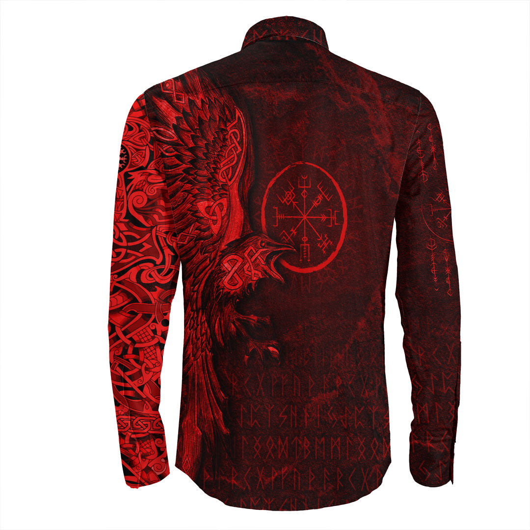 Viking Clothing Vegvisir With Raven Viking Compass Long Sleeve Button Shirt Red Version A7 RLT12 - Wonder Print Shop