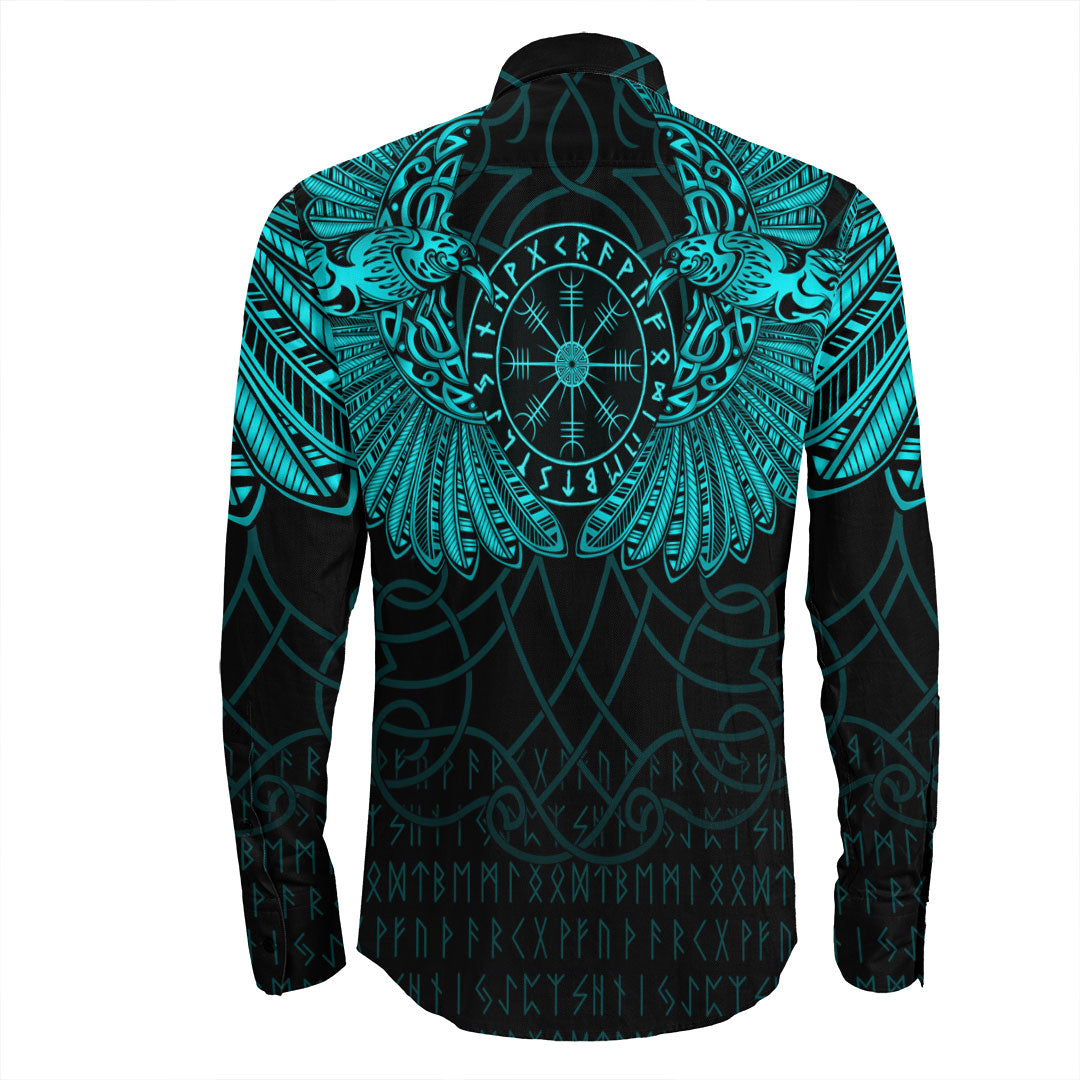 Viking Clothing Viking Odin's Celtic Two Ravens Cyan Version Long Sleeve Button Shirt RLT12 - Wonder Print Shop