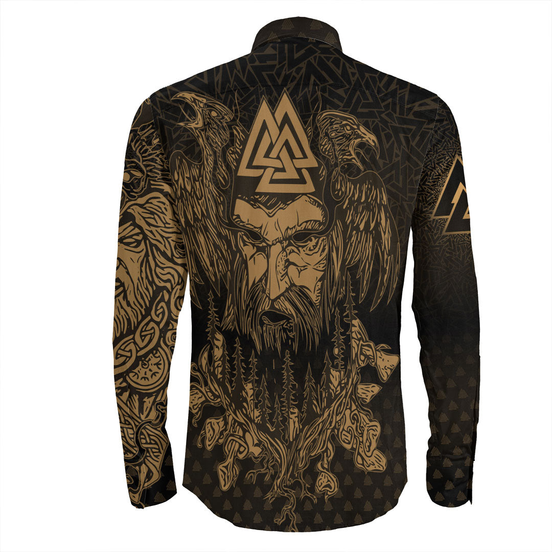 Viking Clothing Viking Odin Raven Tattoo Style Gold Version Long Sleeve Button Shirt RLT12 - Wonder Print Shop