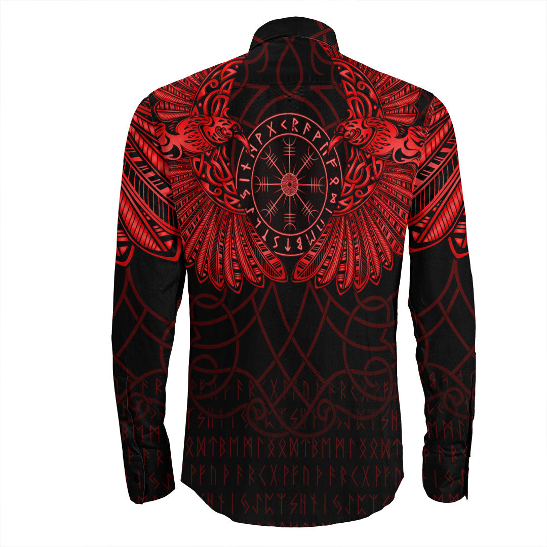 Viking Clothing Viking Odin's Celtic Two Ravens Red Version Long Sleeve Button Shirt RLT12 - Wonder Print Shop