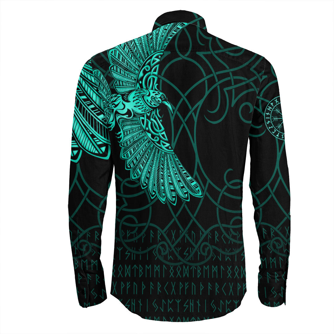 Viking Clothing Viking Odins Raven Tattoo Cyan Version Long Sleeve Button Shirt RLT12 - Wonder Print Shop