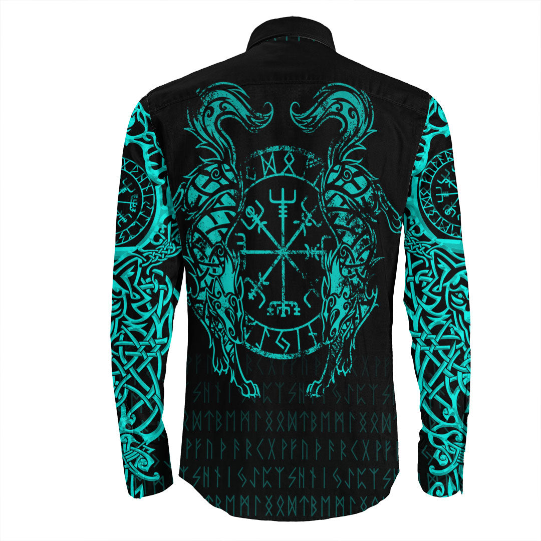 Viking Clothing Viking Compass Vegvisir Tattoo Cyan Version Long Sleeve Button Shirt RLT12 - Wonder Print Shop