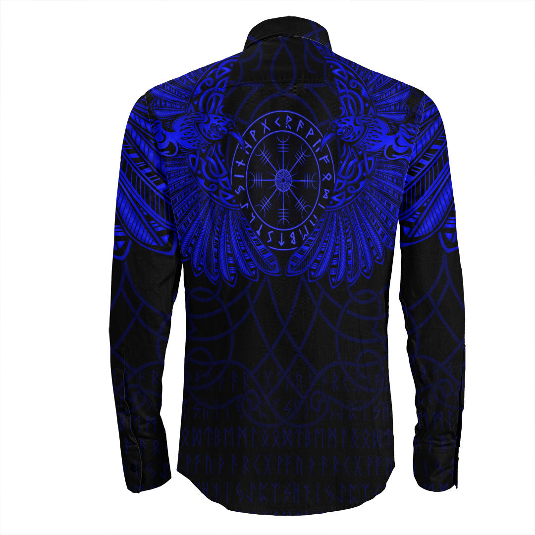Viking Clothing Viking Odin's Celtic Two Ravens Blue Version Long Sleeve Button Shirt RLT12 - Wonder Print Shop