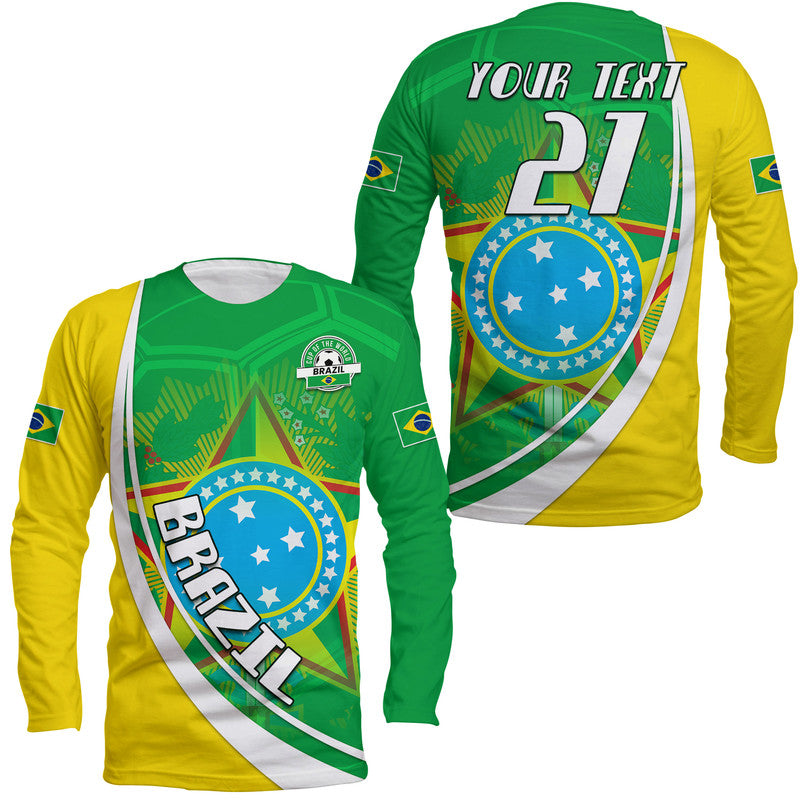 (Custom Text And Number) Brazil Football Coat Of Arms Long Sleeve Shirt Canarinha Champions World Cup 2022 - Wonder Print Shop