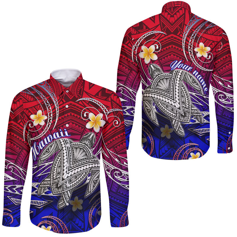 Custom Personalised Hawaii Long Sleeve Button Shirt Hawaiian Turtle Plumeria Mixed Polynesian Style - Wonder Print Shop