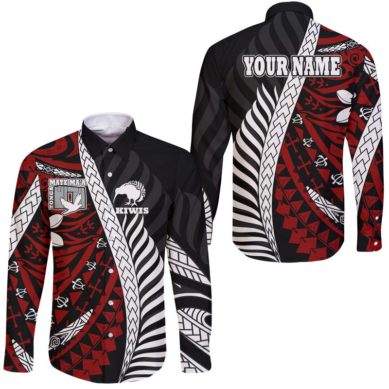 Custom Personalised Mate Ma'a Tonga Mixed Aotearoa Kiwis Rugby Hawaii Long Sleeve Button Shirt Silver Fern Mixed Polynesian Style - Wonder Print Shop