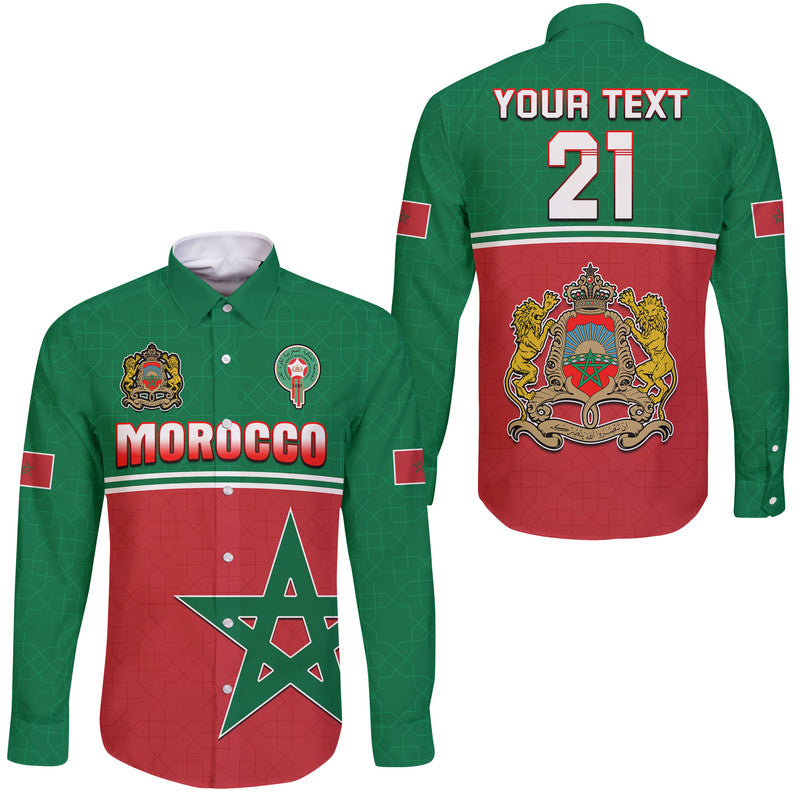 (Custom Personalised) Morocco Football Geometric Halftone Pattern Hawaii Long Sleeve Button Shirt - Wonder Print Shop