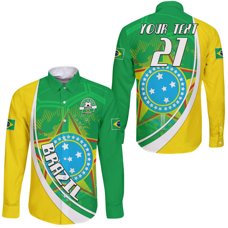(Custom Text And Number) Brazil Football Coat Of Arms Hawaii Long Sleeve Button Shirt Canarinha Champions World Cup 2022 - Wonder Print Shop
