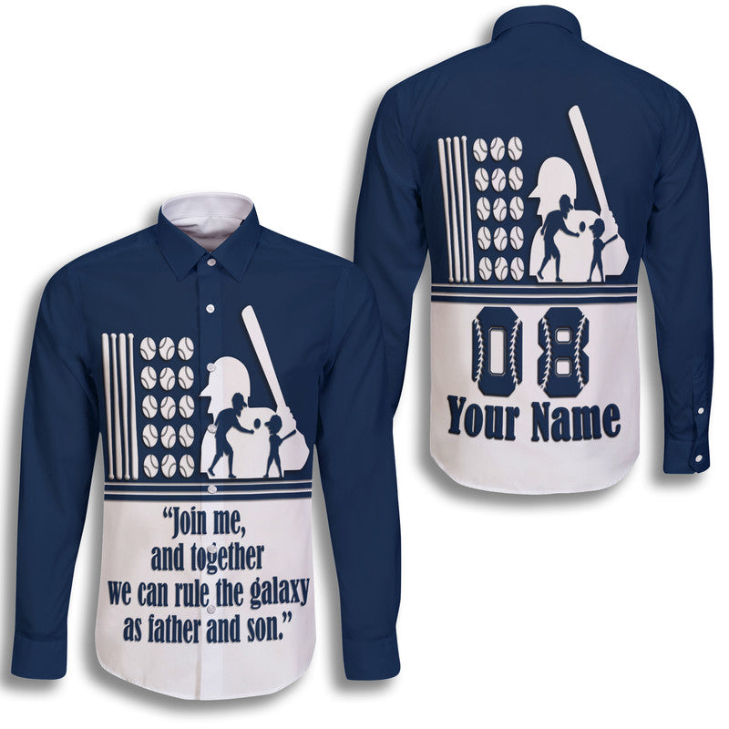(Custom Personalised) Fathers Day - America Dad and Son Baseball Player Hawaii Long Sleeve Button Shirt - Blue No.2 - Wonder Print Shop