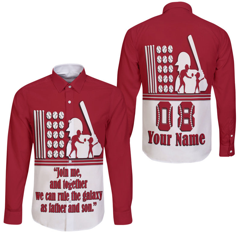 (Custom Personalised) Fathers Day - America Dad and Son Baseball Player Hawaii Long Sleeve Button Shirt - Red No.2 - Wonder Print Shop