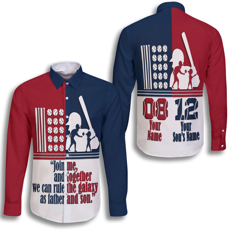 (Custom Personalised) Fathers Day - America Dad and Son Baseball Player Hawaii Long Sleeve Button Shirt - Mixed Blue and Red - Wonder Print Shop
