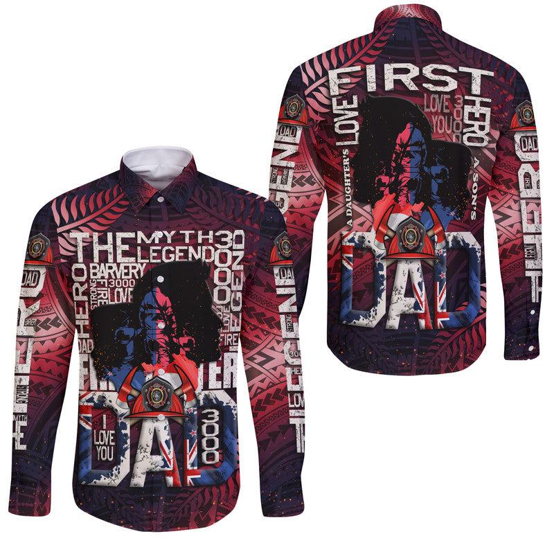 Father's Day - New Zealand Firefighter Dad Hawaii Long Sleeve Button Shirt - Maori Pattern Style - Wonder Print Shop