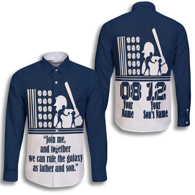 (Custom Personalised) Fathers Day - America Dad and Son Baseball Player Hawaii Long Sleeve Button Shirt - Blue No.1 - Wonder Print Shop