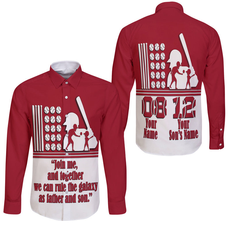 (Custom Personalised) Fathers Day - America Dad and Son Baseball Player Hawaii Long Sleeve Button Shirt - Red No.1 - Wonder Print Shop