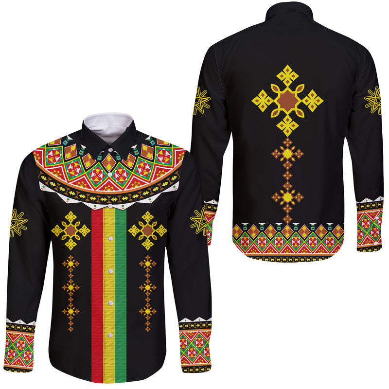 Ethiopia Cross Hawaii Long Sleeve Button Shirt Geometric Ethnic - Wonder Print Shop