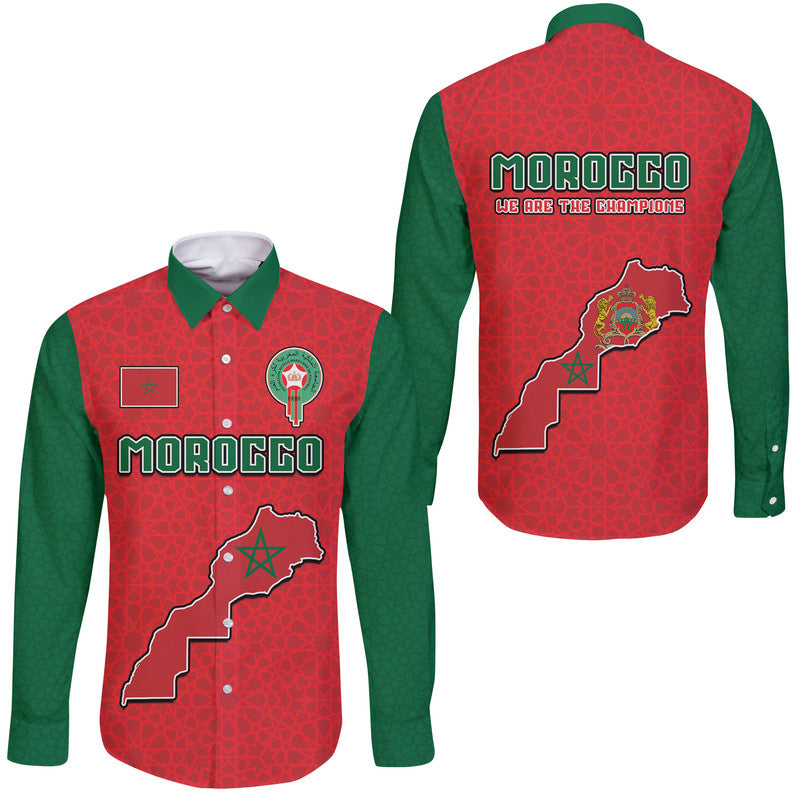 Morocco Football Mixed Flag Map Style Hawaii Long Sleeve Button Shirt - Wonder Print Shop