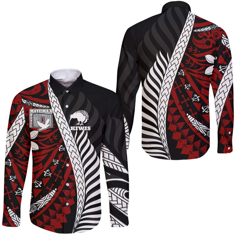Mate Ma'a Tonga Mixed Aotearoa Kiwis Rugby Hawaii Long Sleeve Button Shirt Silver Fern Mixed Polynesian Style - Wonder Print Shop