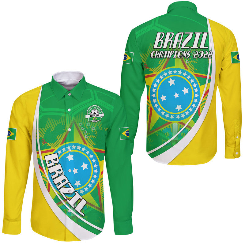 Brazil Football Coat Of Arms Hawaii Long Sleeve Button Shirt Canarinha Champions World Cup 2022 - Wonder Print Shop