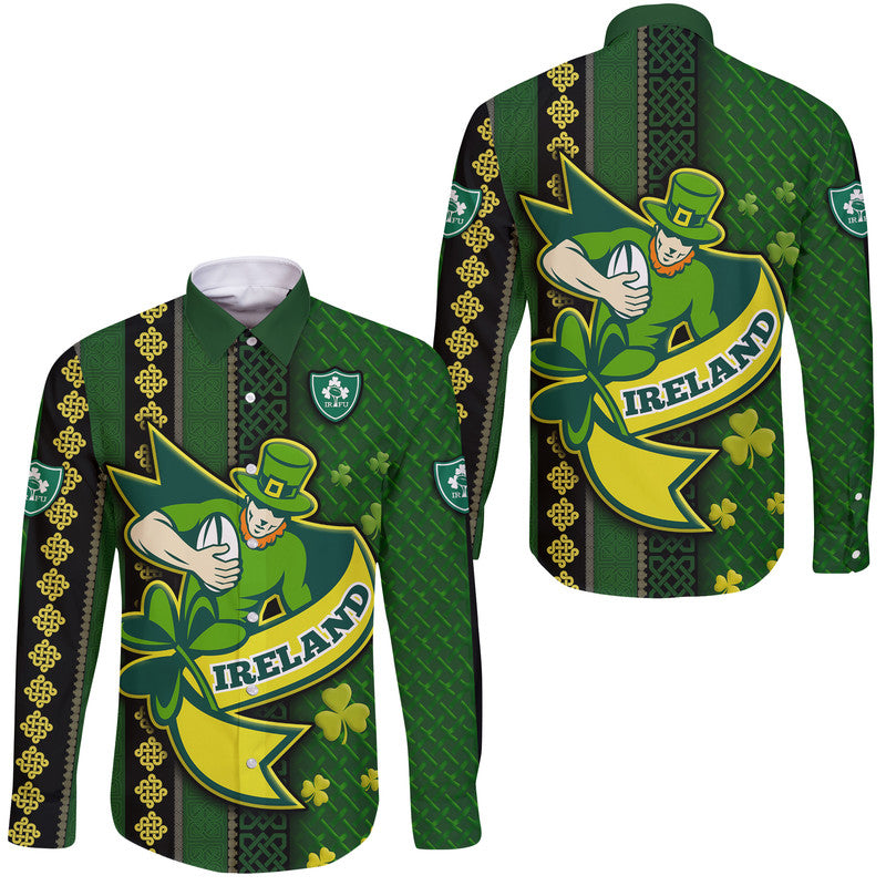 Ireland Celtic Knot Rugby Hawaii Long Sleeve Button Shirt Irish Gold and Green Pattern - Wonder Print Shop