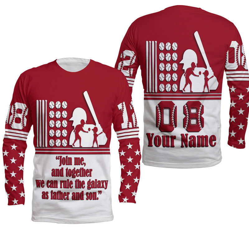(Custom Personalised) Fathers Day - America Dad and Son Baseball Player Long Sleeve Shirt - Red No.2 - Wonder Print Shop