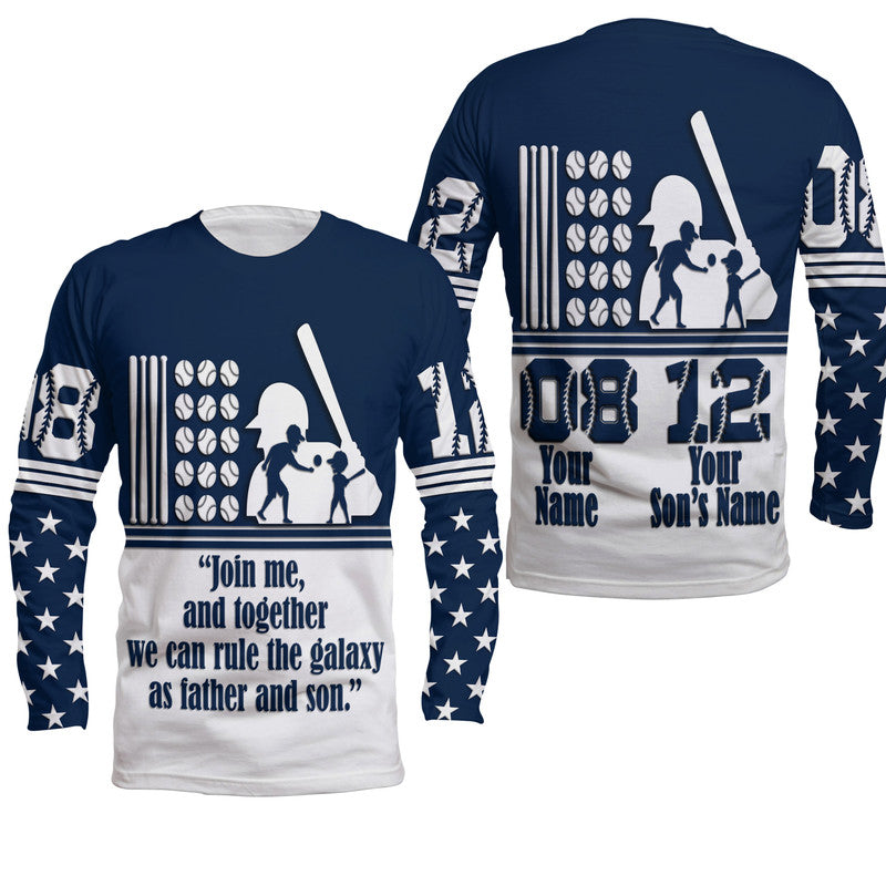 (Custom Personalised) Fathers Day - America Dad and Son Baseball Player Long Sleeve Shirt - Blue No.1 - Wonder Print Shop
