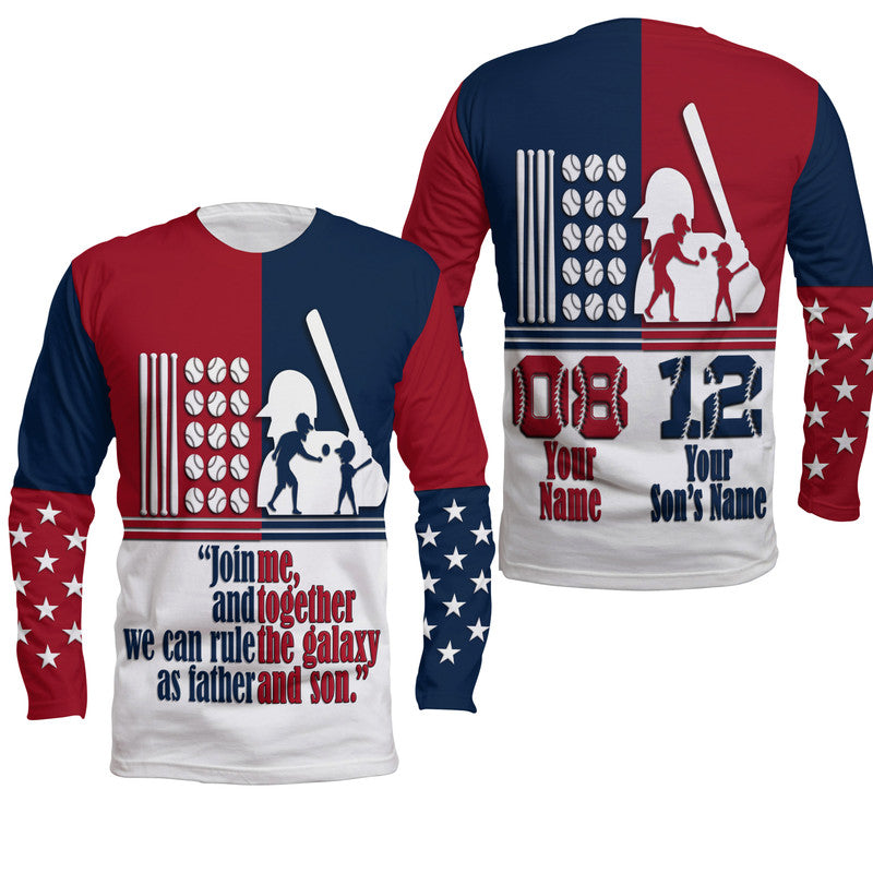 (Custom Personalised) Fathers Day - America Dad and Son Baseball Player Long Sleeve Shirt - Mixed Blue and Red - Wonder Print Shop