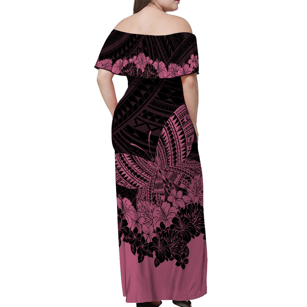 polynesian-breast-cancer-awareness-off-shoulder-long-dress-floral-butterfly