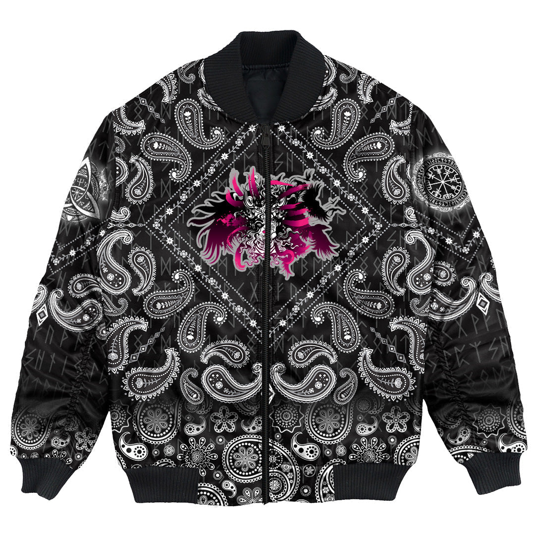 Viking Bomber Jacket Long haired Valkyrie with Bandana Paisley Style RLT12 - Wonder Print Shop