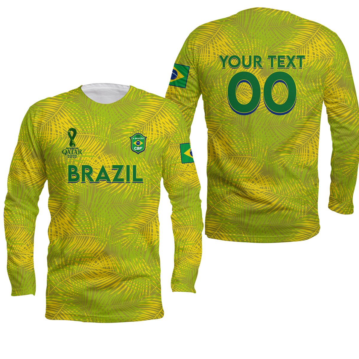 (Custom Personalised) Brazil Football World Cup 2022 Long Sleeve Shirt - LT2 - Wonder Print Shop