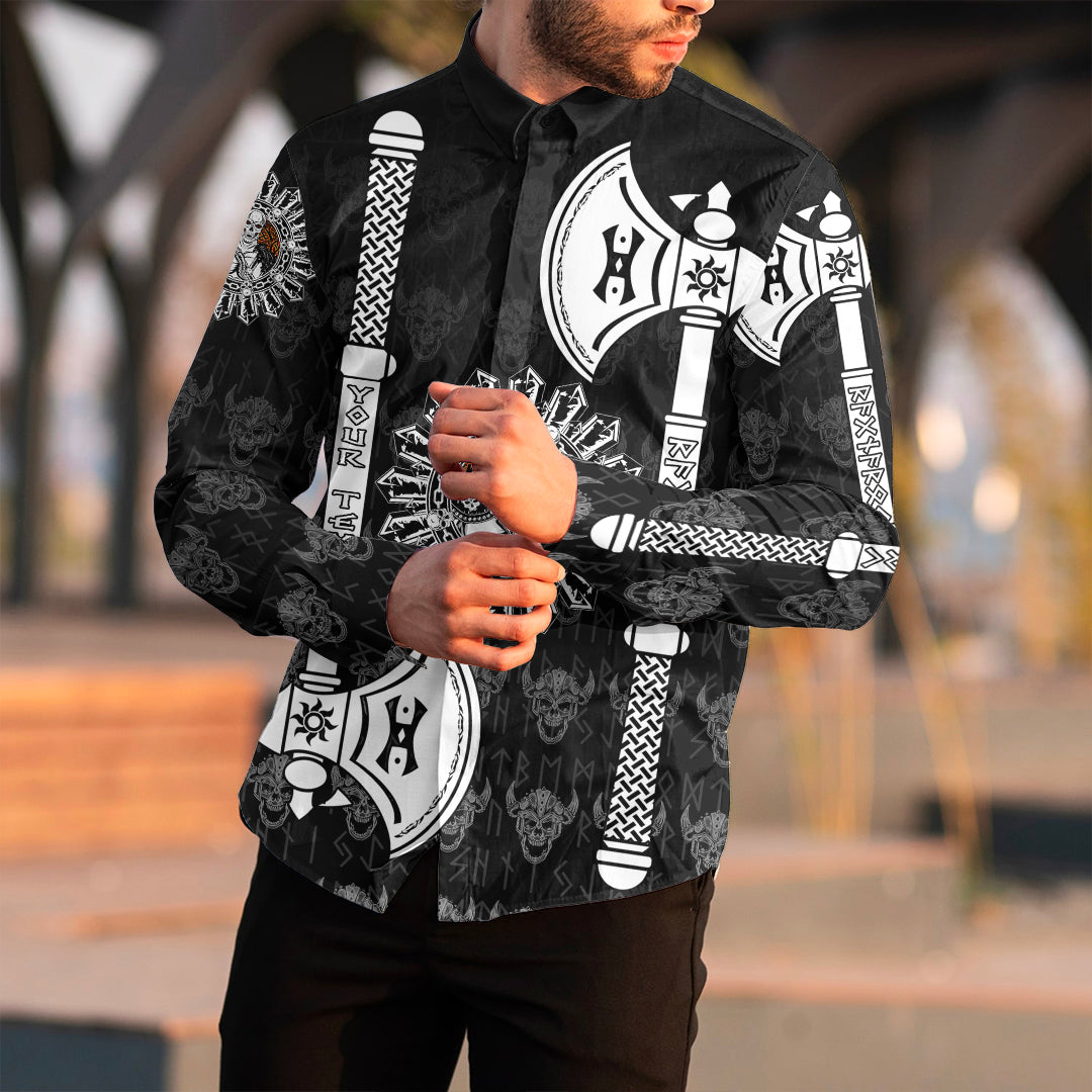 (Custom) Viking - Long Sleeve Button Shirt Skull Warrior Dead Hero with Hammer RLT12 - Wonder Print Shop