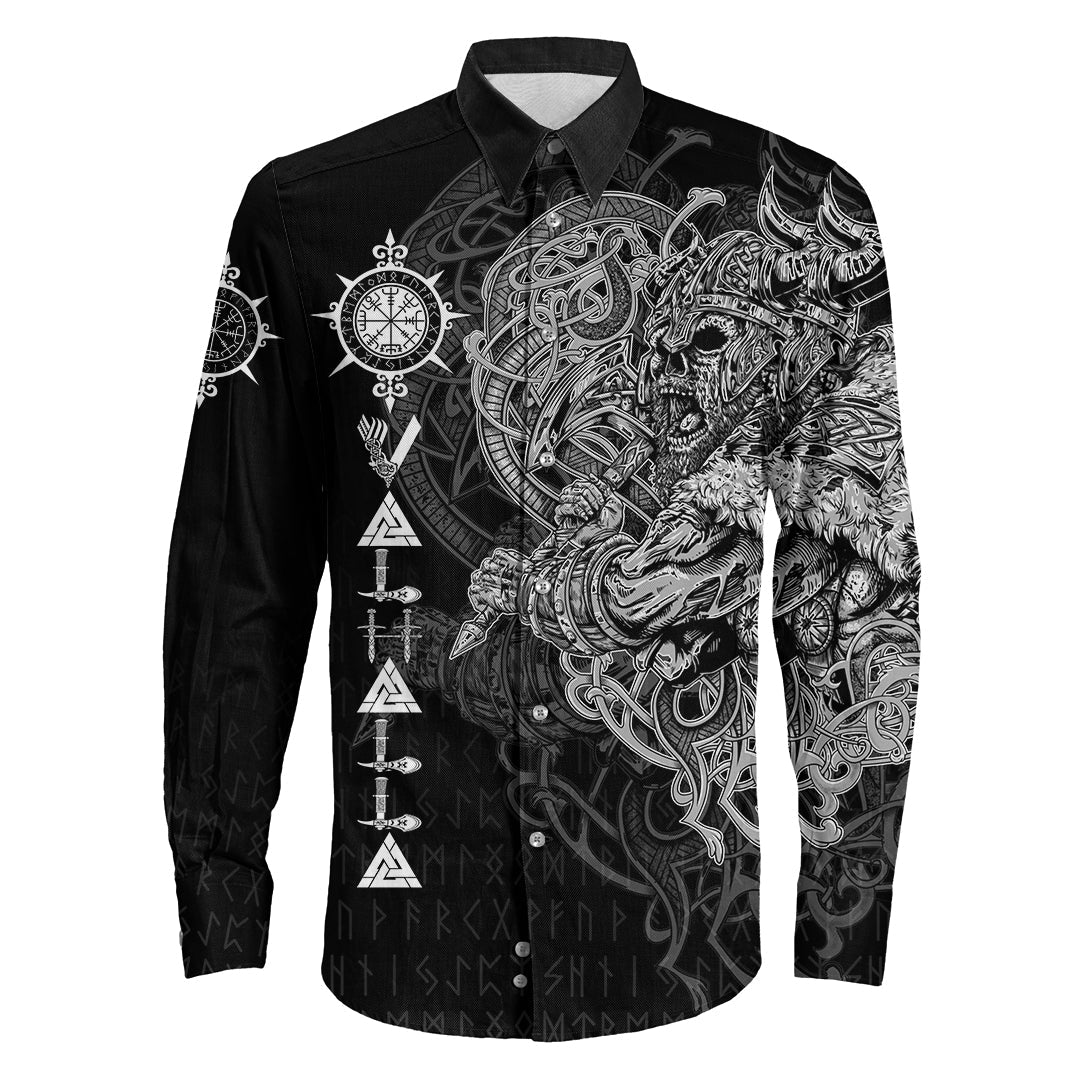 Viking Viking Warrior Valhalla Long Sleeve Button Shirt Style Vegvisir RLT12 - Wonder Print Shop