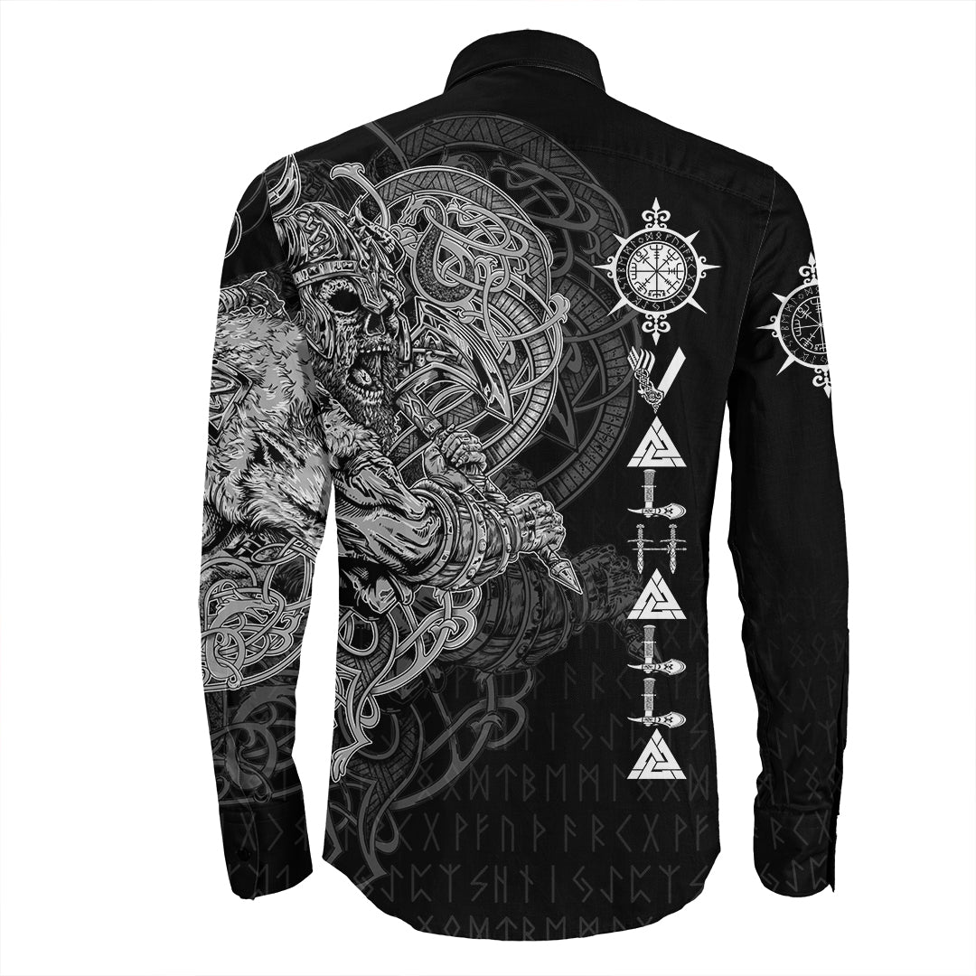 Viking Viking Warrior Valhalla Long Sleeve Button Shirt Style Vegvisir RLT12 - Wonder Print Shop