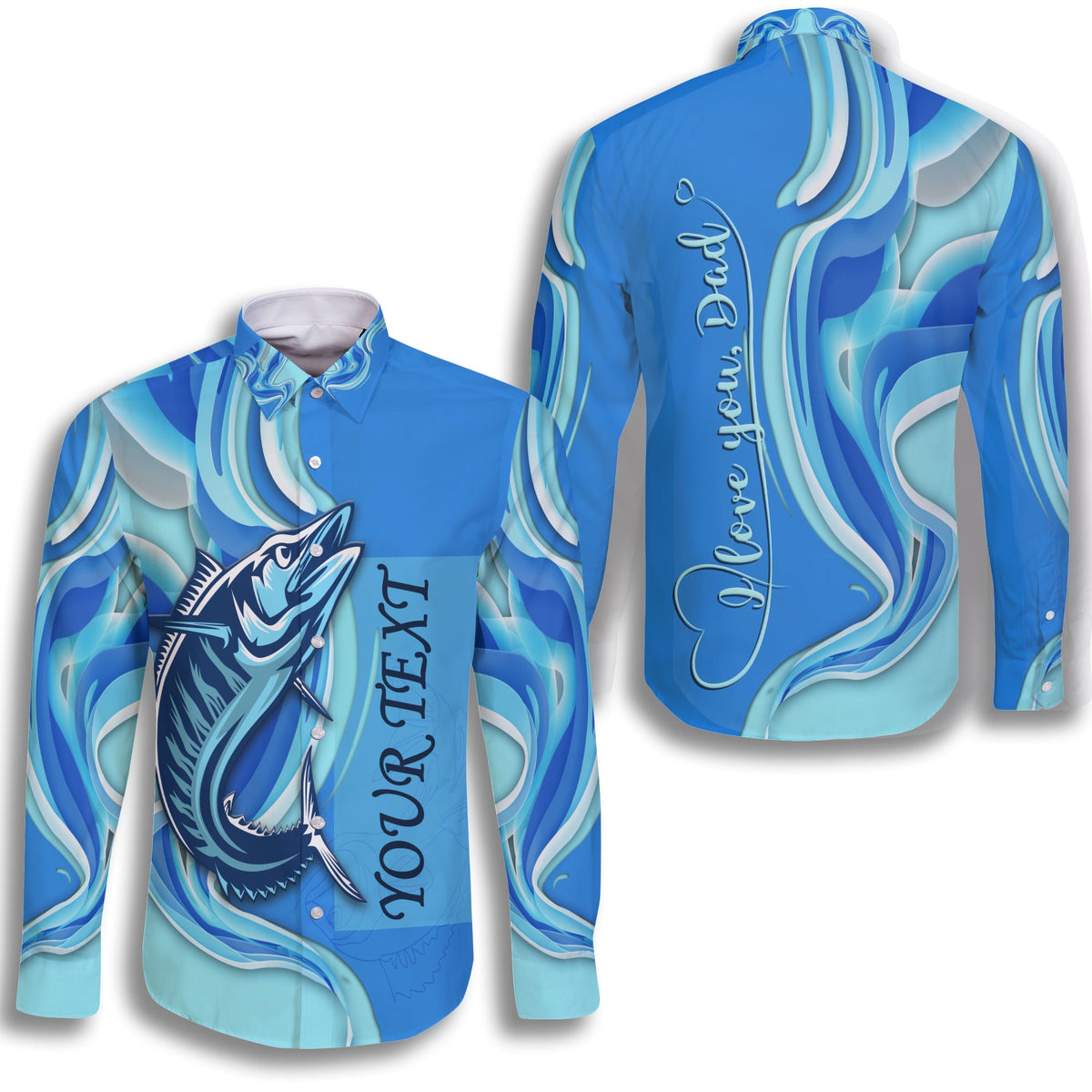 (Custom Personalised) Fathers Day Fishing Quotes Hawaii Long Sleeve Button Shirt - Ocean Wave Style - Wonder Print Shop