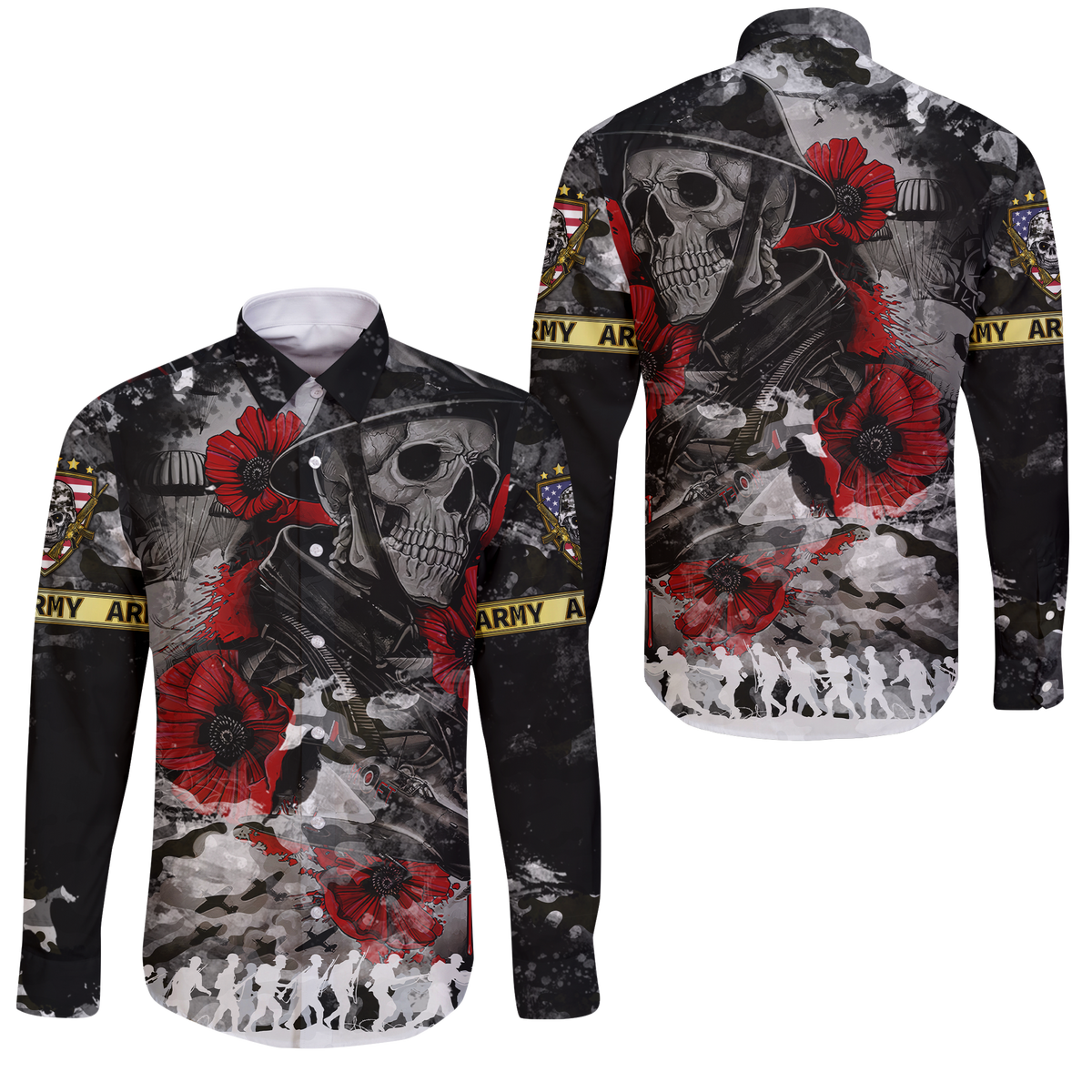 Skull Camo - U.S Army Undying Love For The Motherland Long Sleeve Button Shirt - LT2 - Wonder Print Shop