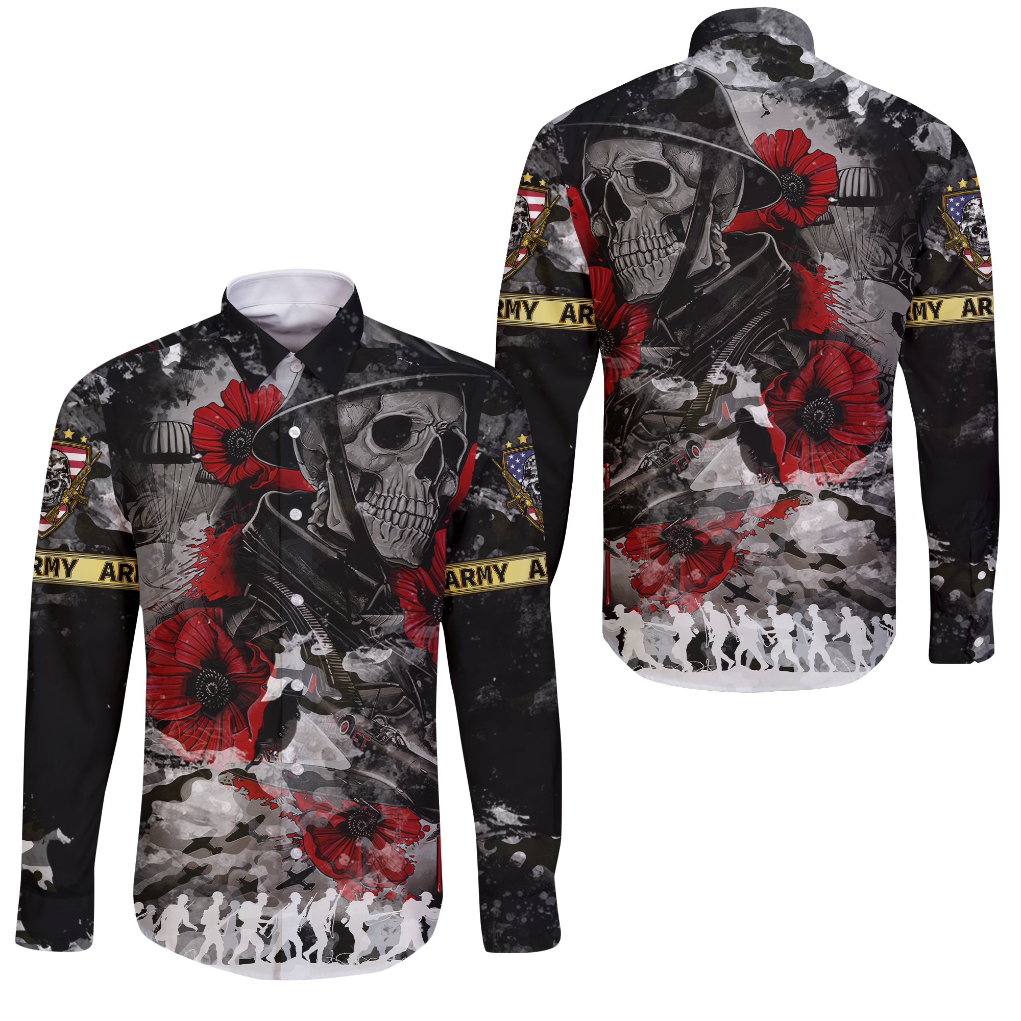 Skull Camo - U.S Army Undying Love For The Motherland Long Sleeve Button Shirt - LT2 - Wonder Print Shop