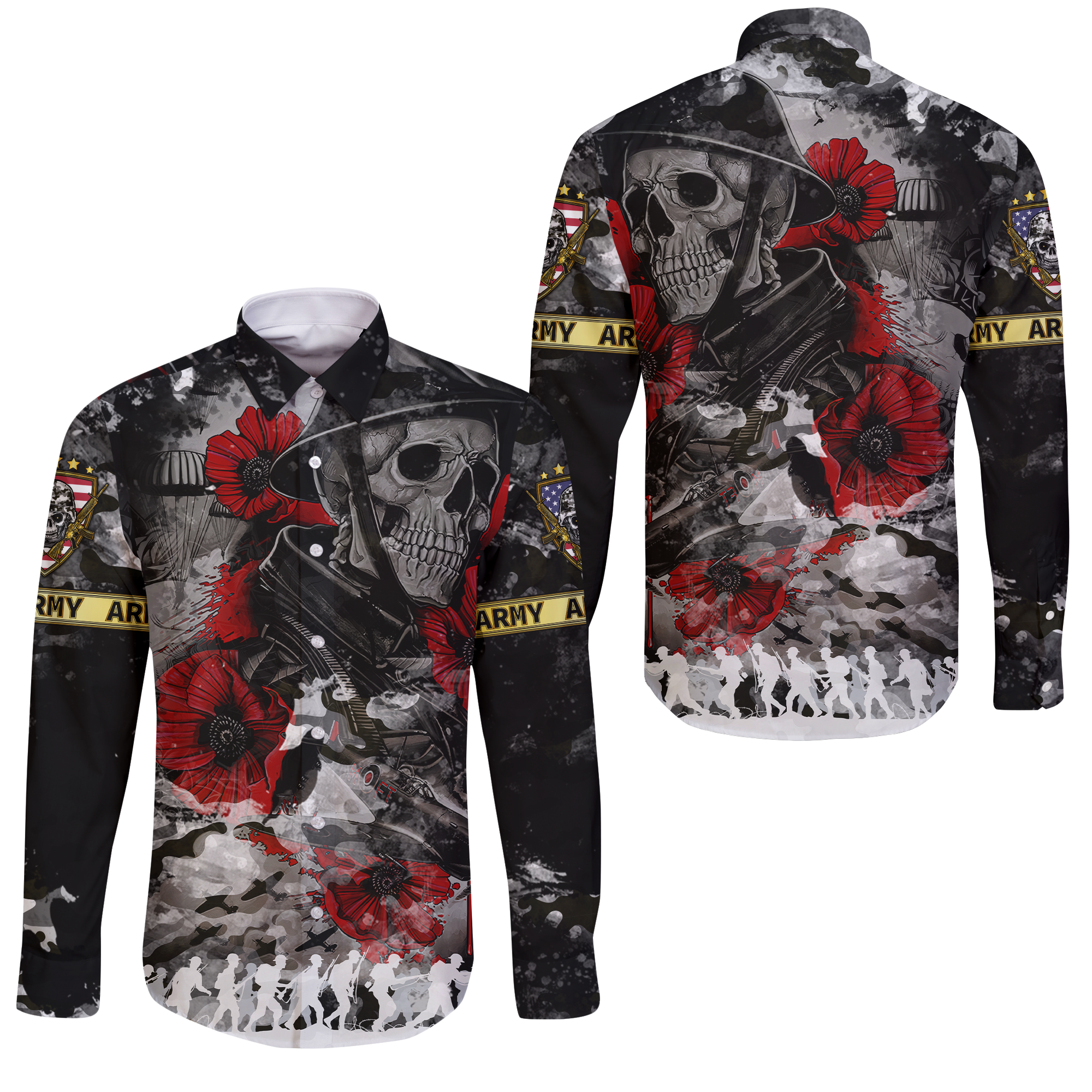 Skull Camo - U.S Army Undying Love For The Motherland Long Sleeve Button Shirt - LT2