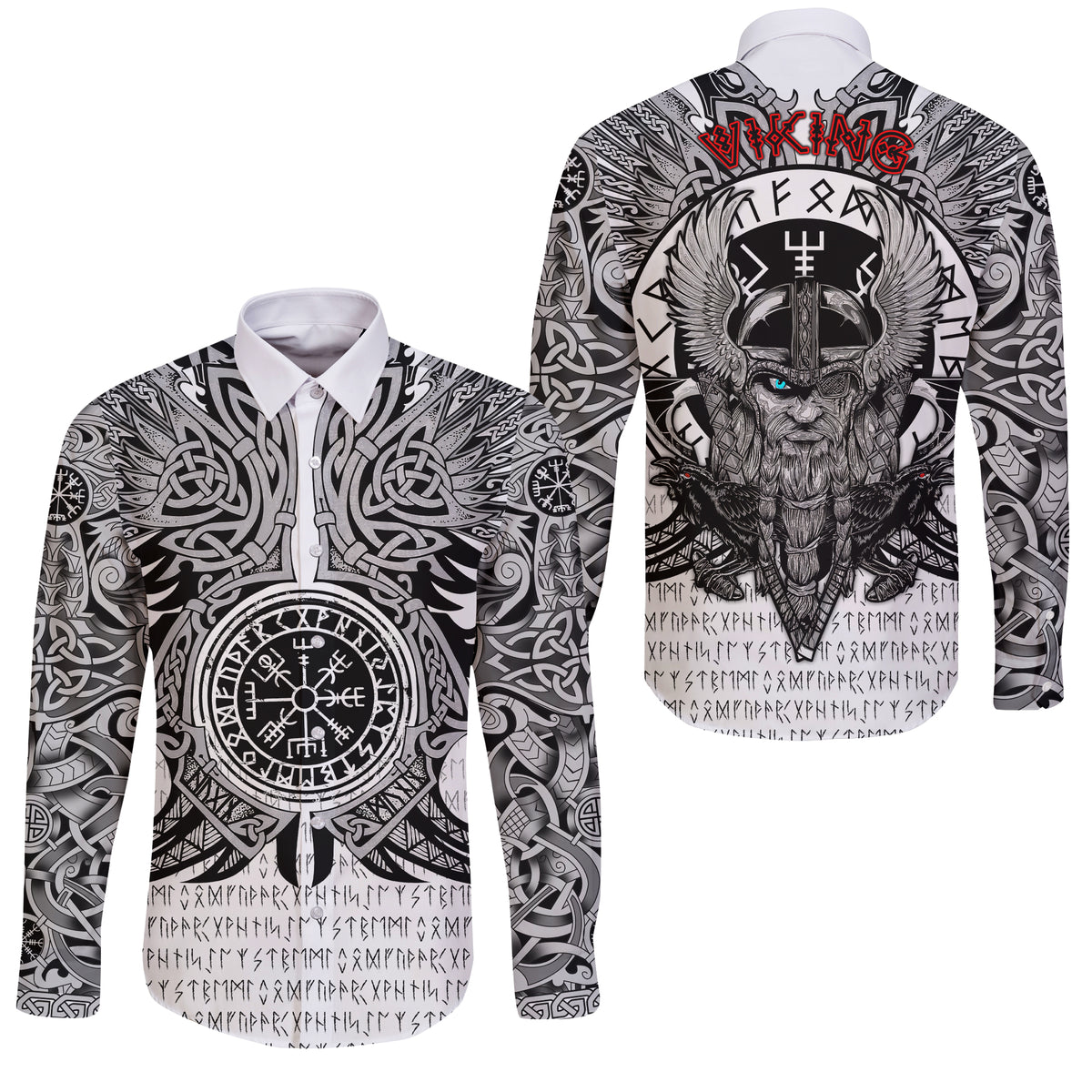 Viking Vegvisir Odin With Huginn And Muninn Long Sleeve Button Shirt - LT2 - Wonder Print Shop