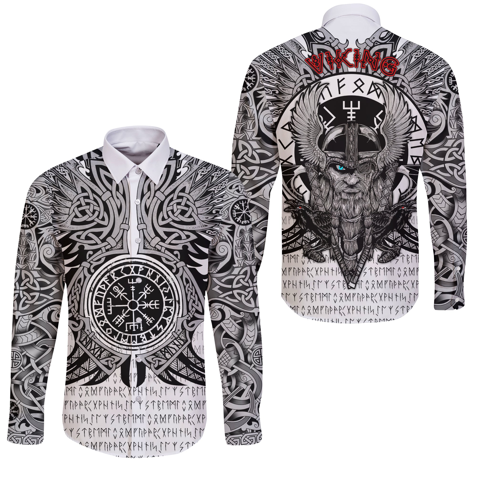 Viking Vegvisir Odin With Huginn And Muninn Long Sleeve Button Shirt - LT2 - Wonder Print Shop