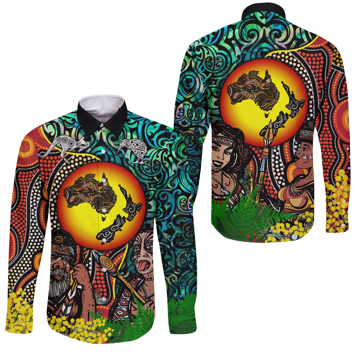 Australia Aboriginal Kangaroo Combine New Zealand Maori Kiwi Bird Long Sleeve Button Shirt LT2 - Wonder Print Shop