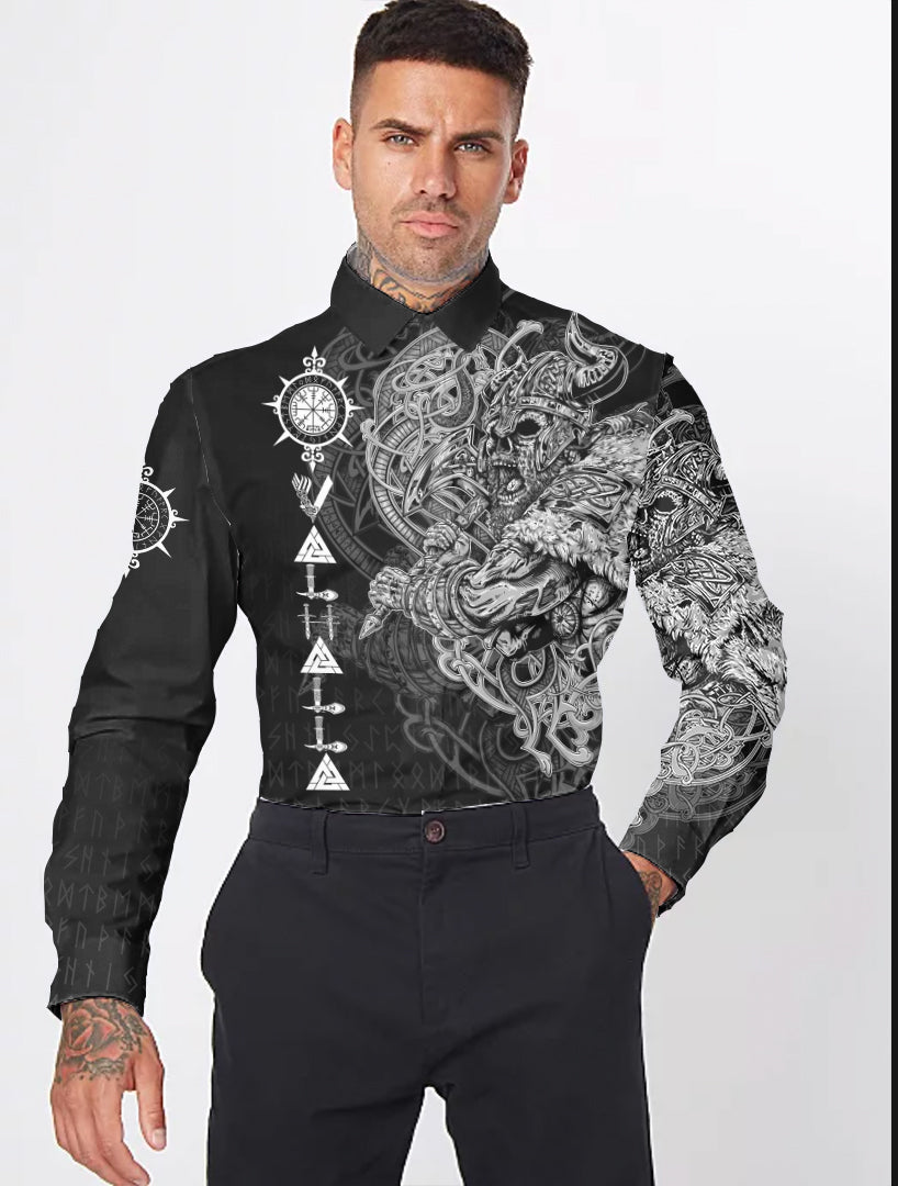 Viking Viking Warrior Valhalla Long Sleeve Button Shirt Style Vegvisir RLT12 - Wonder Print Shop