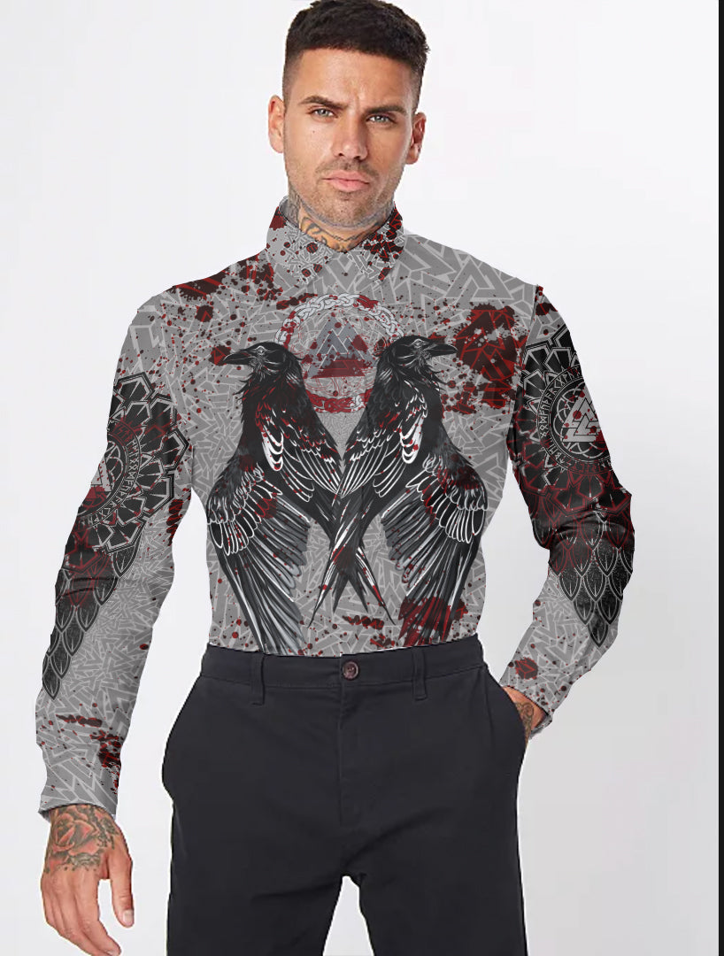 Viking Raven With Valknut Long Sleeve Button Shirt Style Blood RLT12 - Wonder Print Shop