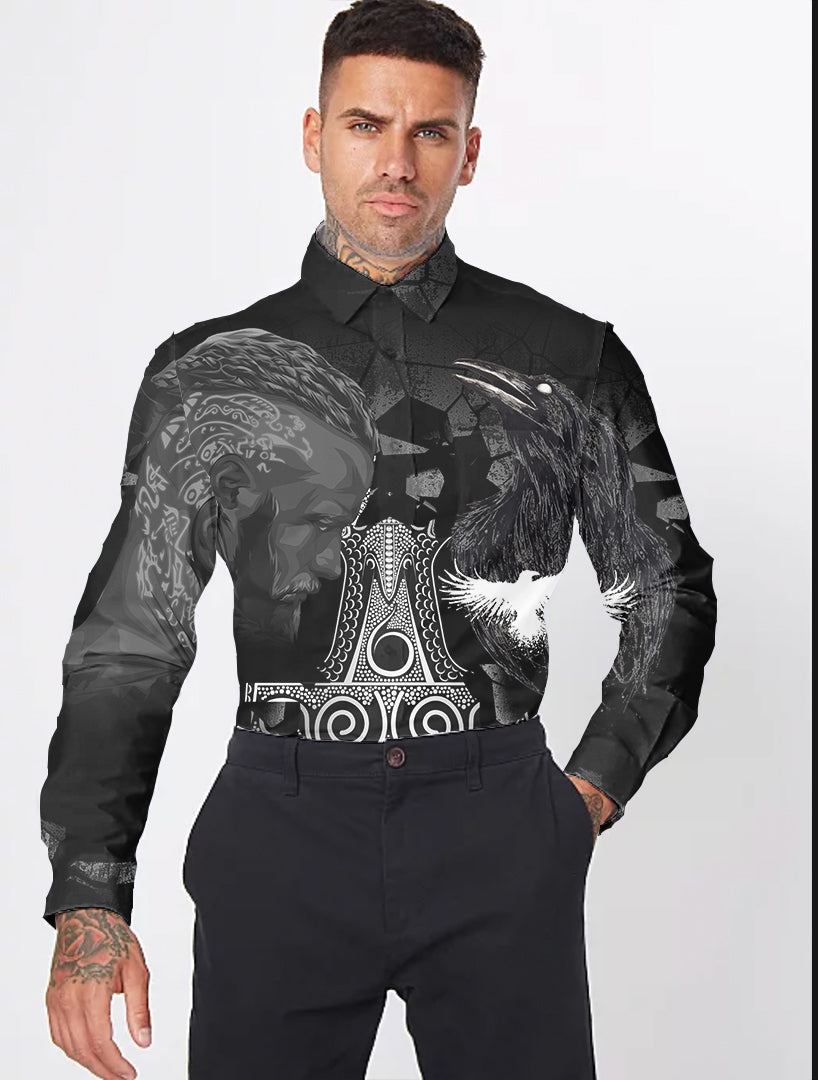 Viking Ragnar and Raven Style Mjolnir Long Sleeve Button Shirt RLT12 - Wonder Print Shop