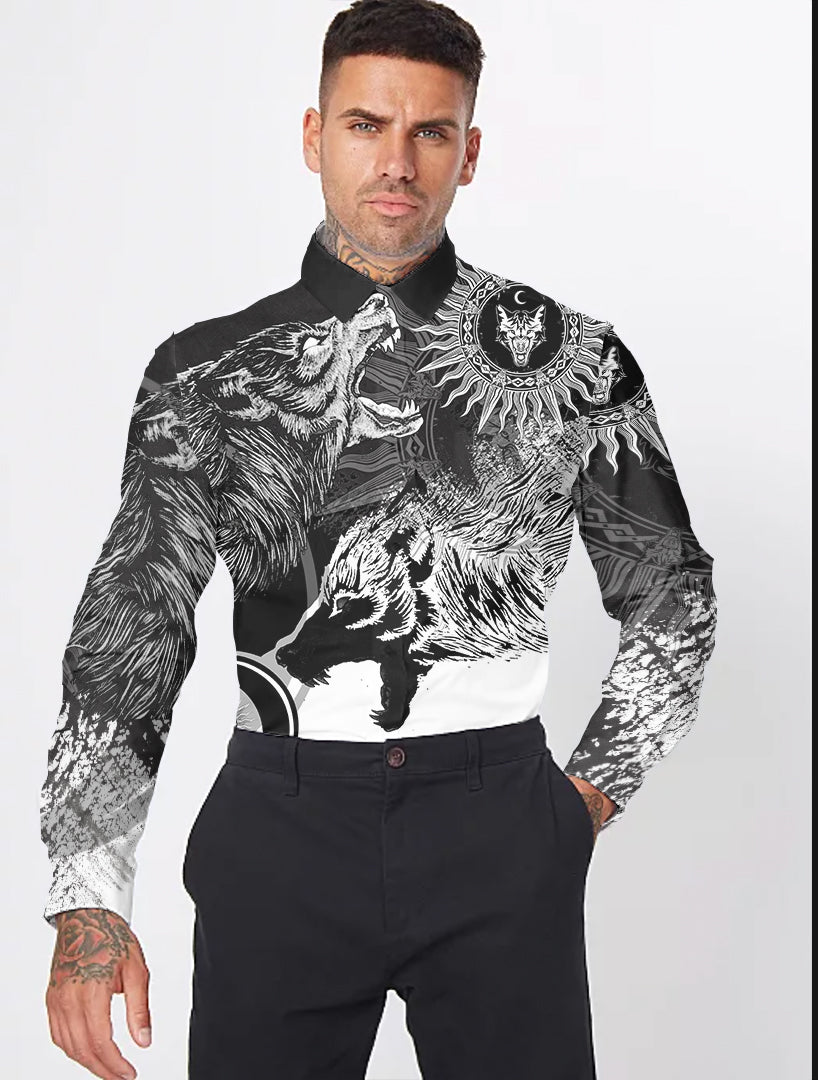 Viking Skoll and Hati New Style Long Sleeve Button Shirt RLT12 - Wonder Print Shop